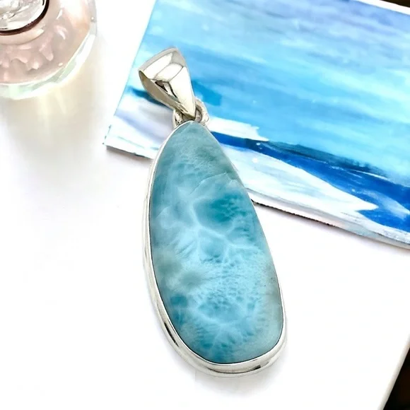 Larimar Dominican Republic Grade A Solid Sterling Silver Pendant Necklace - Picture 3 of 6